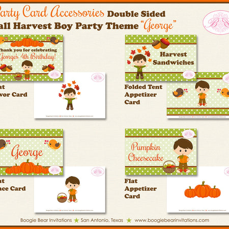 Harvest Boy Birthday Favor Party Card Tent Place Appetizer Food Autumn Fall Woodland Pumpkin Boogie Bear Invitations George Theme Printed