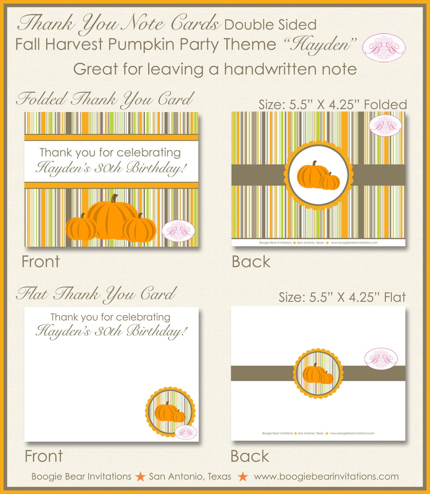 Fall Pumpkin Party Thank You Card Note Birthday Farm Harvest Rustic Autumn Orange Country Ranch Boogie Bear Invitations Hayden Theme Printed
