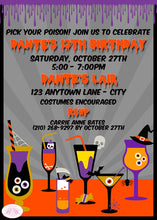 Load image into Gallery viewer, Spooky Cocktails Birthday Party Invitation Halloween Pick Your Poison Dinner Boogie Bear Invitations Dante Theme Paperless Printable Printed