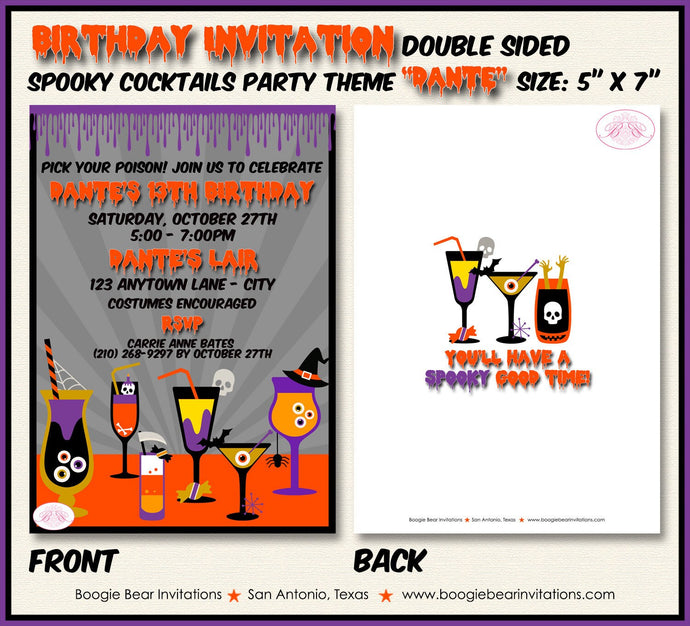Spooky Cocktails Birthday Party Invitation Halloween Pick Your Poison Dinner Boogie Bear Invitations Dante Theme Paperless Printable Printed