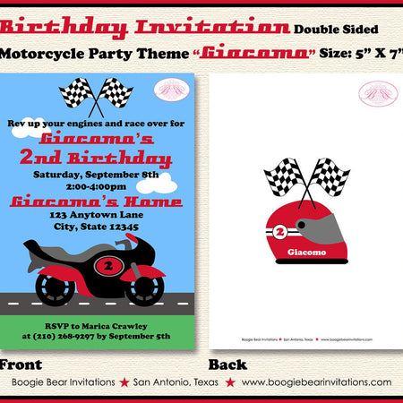 Motorcycle Birthday Party Invitation Red Black Racing Race Track Street Boogie Bear Invitations Giacomo Theme Paperless Printable Printed