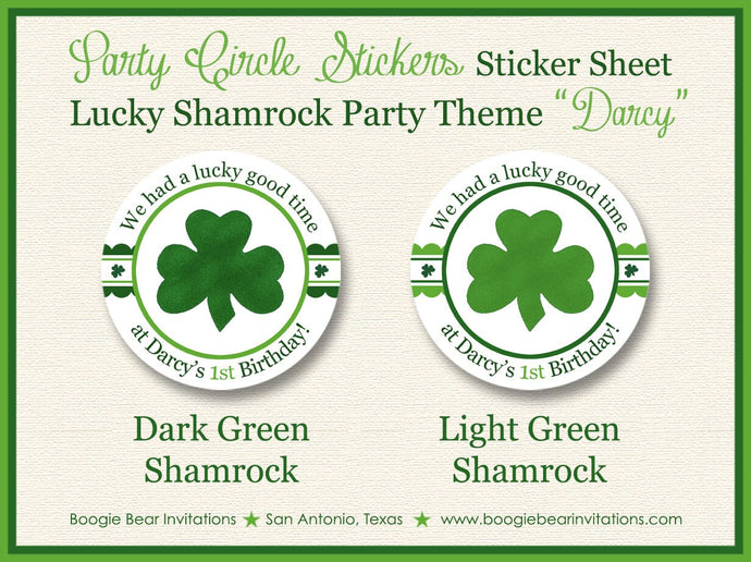 Lucky Shamrock Birthday Party Stickers Circle Sheet Round Girl Boy Green Favor St. Patrick's Day Clover Boogie Bear Invitations Darcy Theme