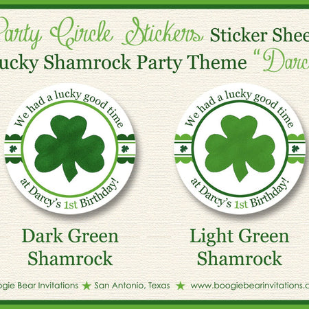 Lucky Shamrock Birthday Party Stickers Circle Sheet Round Girl Boy Green Favor St. Patrick's Day Clover Boogie Bear Invitations Darcy Theme