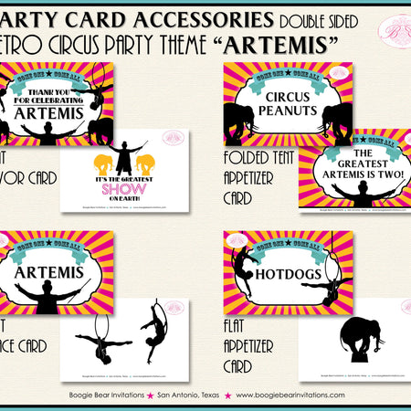Circus Showman Favor Party Card Place Tent Pink Girl 3 Ring Big Top Greatest Show On Earth Yellow Blue Boogie Bear Invitations Artemis Theme