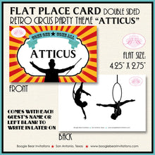Load image into Gallery viewer, Circus Showman Favor Party Card Place Tent Appetizer Food Label Greatest Show On Earth Red Yellow Blue Boogie Bear Invitations Atticus Theme