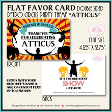 Load image into Gallery viewer, Circus Showman Favor Party Card Place Tent Appetizer Food Label Greatest Show On Earth Red Yellow Blue Boogie Bear Invitations Atticus Theme