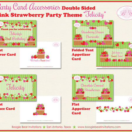 Pink Strawberry Birthday Favor Party Card Tent Place Food Appetizer Tag Red Fruit Picking Green Girl Boogie Bear Invitations Felicity Theme