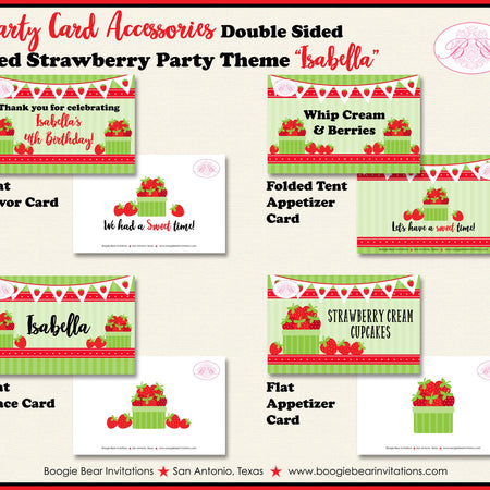Red Strawberry Birthday Favor Party Card Tent Place Food Appetizer Tag Fruit Picking Green Girl Boy Boogie Bear Invitations Isabella Theme