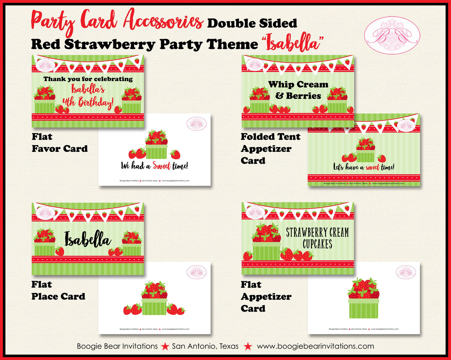 Red Strawberry Birthday Favor Party Card Tent Place Food Appetizer Tag Fruit Picking Green Girl Boy Boogie Bear Invitations Isabella Theme