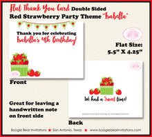 Load image into Gallery viewer, Red Strawberry Party Thank You Note Card Birthday Fruit Picking Green Crate Summer Girl Boy Boogie Bear Invitations Isabella Theme Printed