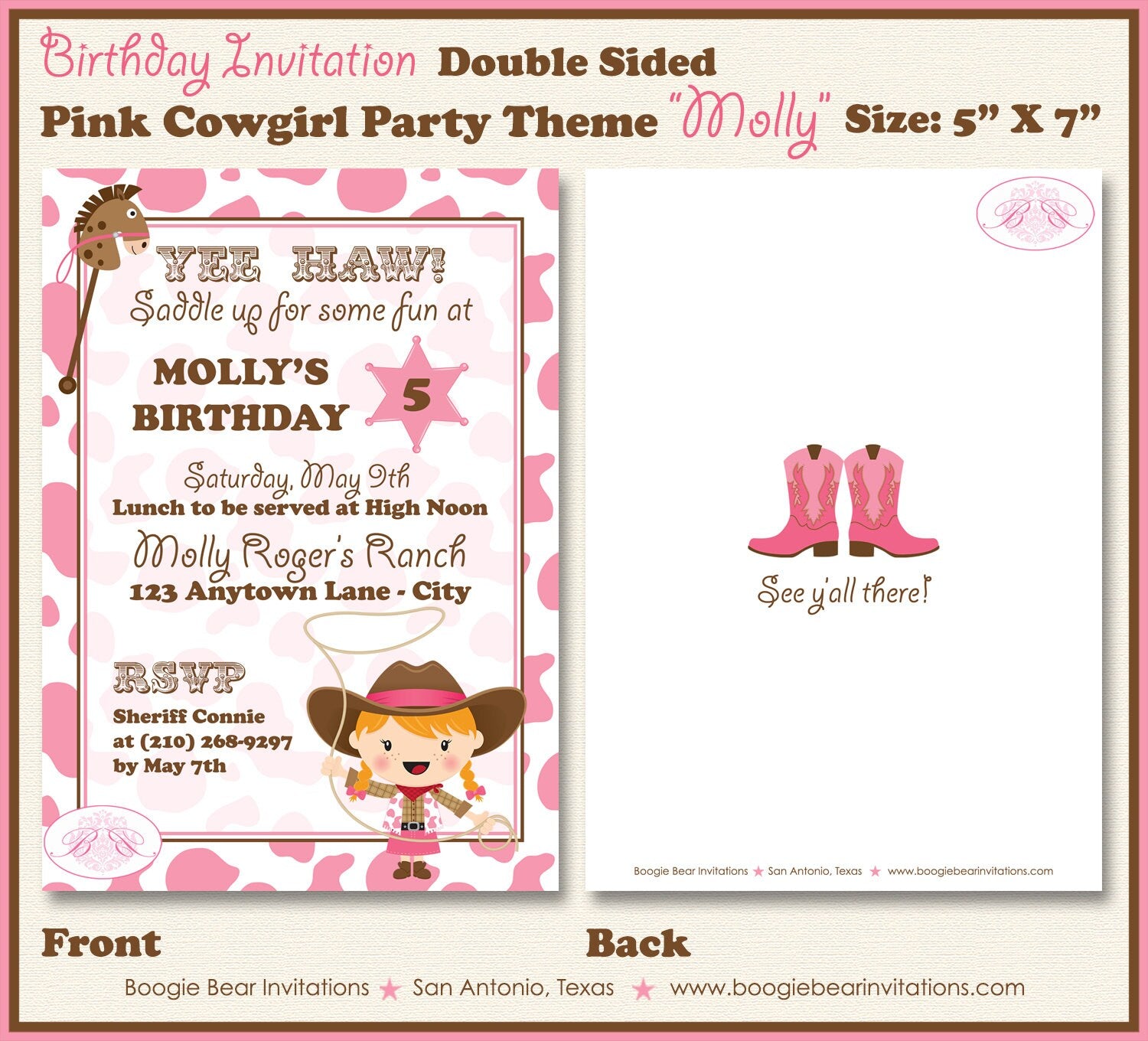 Pink Cowgirl Birthday Party Invitation Cow Print Girl Horse Boots Hat – Boogie Bear Invitations for Free Printable Cow Birthday Invitations