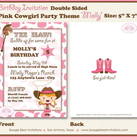 Pink Cowgirl Birthday Party Invitation Cow Print Girl Horse Boots Hat Farm Boogie Bear Invitations Molly Theme Paperless Printable Printed