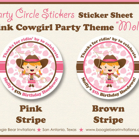 Pink Cowgirl Birthday Party Stickers Circle Sheet Round Circle Girl Up Brown Hat Cow Print Country Farm Boogie Bear Invitations Molly Theme