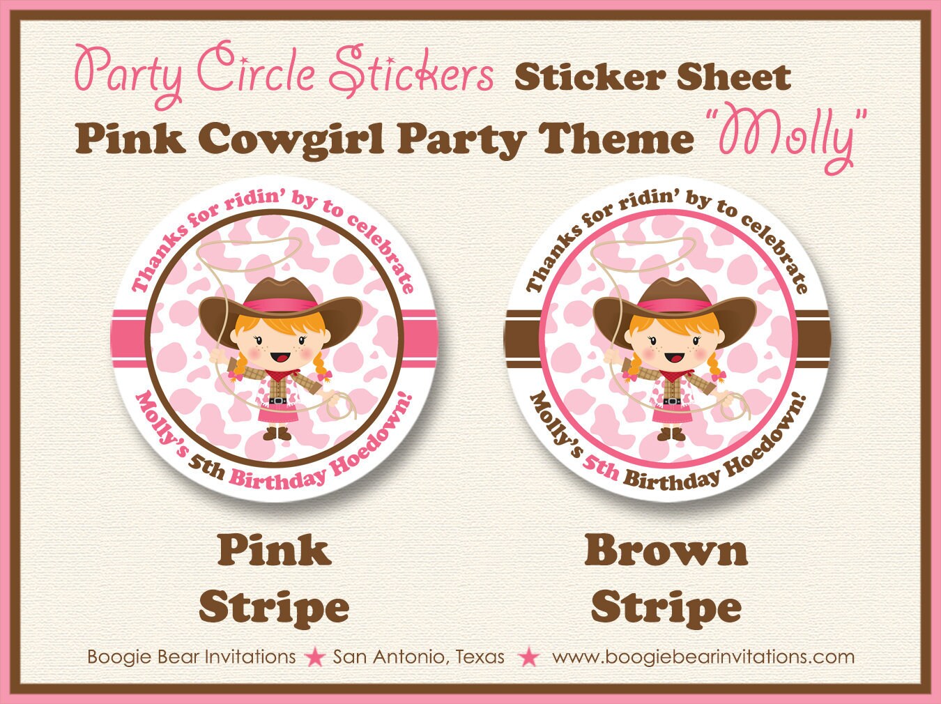 Pink Cowgirl Birthday Party Stickers Circle Sheet Round Circle Girl Up Brown Hat Cow Print Country Farm Boogie Bear Invitations Molly Theme