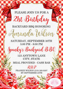 Red Gold BBQ Birthday Party Invitation Floral Flower Sweet 16 Barbeque Farm Boogie Bear Invitations Amanda Theme Paperless Printable Printed