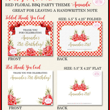 Red Gold BBQ Birthday Thank You Cards Floral Flower Sweet 16 Barbeque Winter Christmas Gingham Boogie Bear Invitations Amanda Theme Printed
