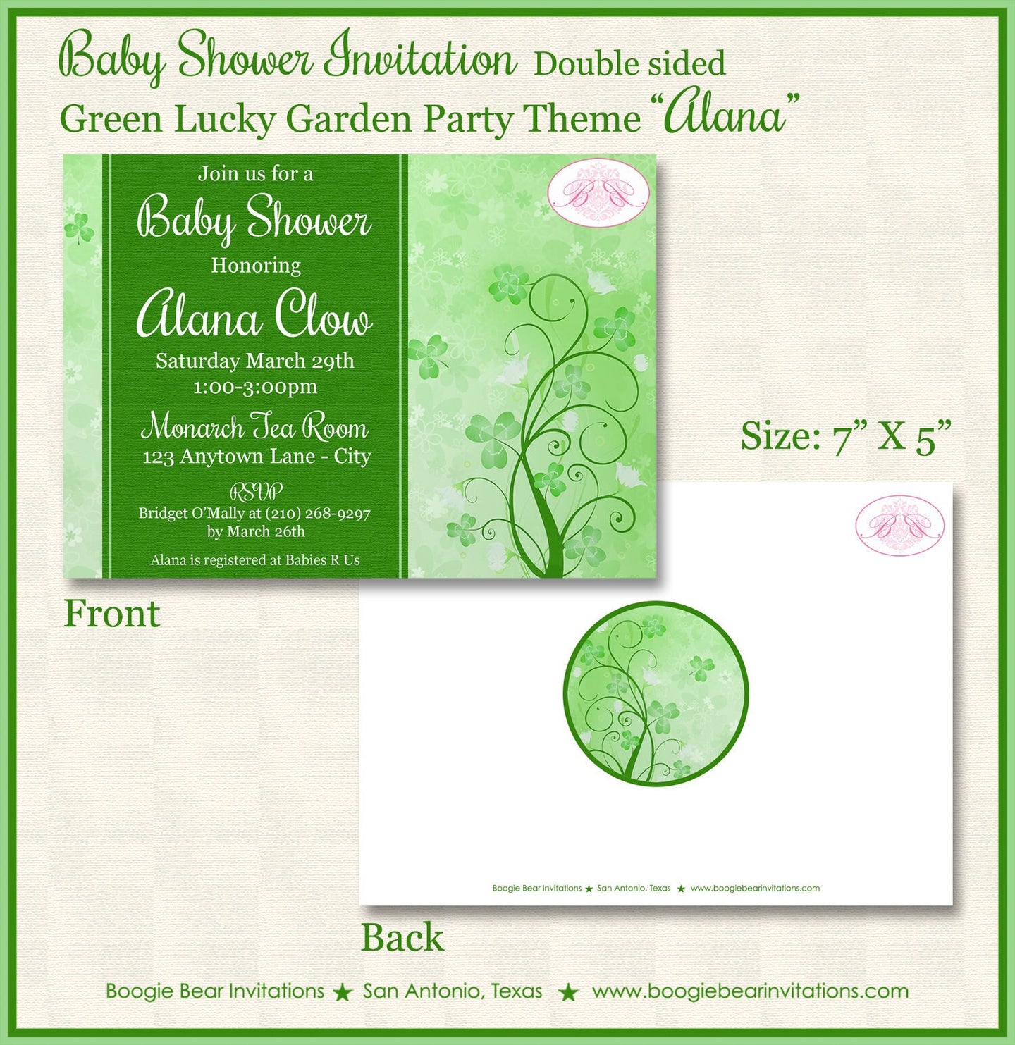 Shamrock Green Garden Baby Shower St. Patrick's Day Four Leaf Lucky Clover Boogie Bear Invitations Alana Theme Paperless Printable Printed