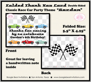 Race Car Birthday Party Thank You Card Classic Vintage Antique Checkered Flag Sports Coupe Boogie Bear Invitations Gordon Theme Printed