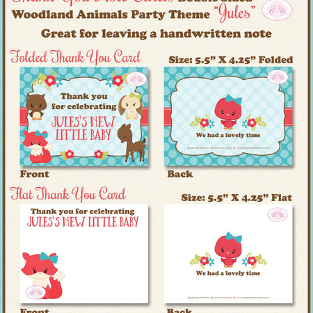 Woodland Animals Party Thank You Card Note Baby Shower Forest Creatures Birthday Bunny Fox Deer Boogie Bear Invitations Jules Theme Printed
