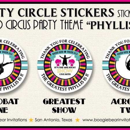 Circle Showman Birthday Party Stickers Circle Sheet Round 3 Ring Big Top Animal Pink Yellow Blue Black Boogie Bear Invitations Phyllis Theme
