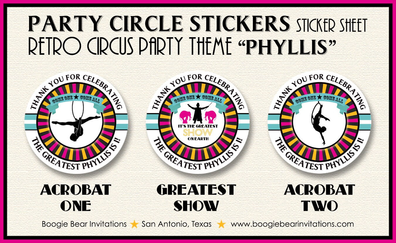 Circle Showman Birthday Party Stickers Circle Sheet Round 3 Ring Big Top Animal Pink Yellow Blue Black Boogie Bear Invitations Phyllis Theme