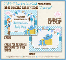 Load image into Gallery viewer, Cowgirl Blue Party Thank You Card Favor Note Baby Shower Boy Country Chic Brown Farm Boot Hat Boogie Bear Invitations Chevonne Theme Printed