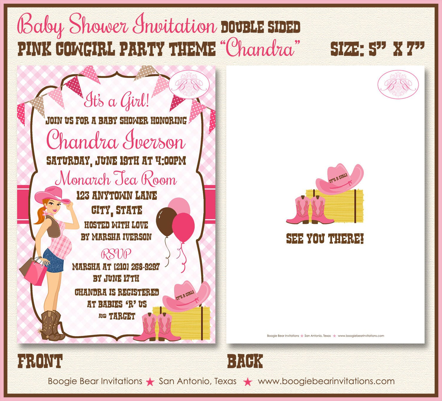 Cowgirl Pink Baby Shower Invitation Girl Modern Chic Magenta Bright Soft Boogie Bear Invitations Chandra Theme Paperless Printable Printed