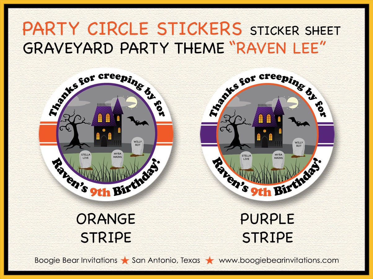 Halloween Party Stickers Circle Sheet Round Birthday Graveyard Haunted House Cemetery Tombstone Bat Boogie Bear Invitations Raven Lee Theme
