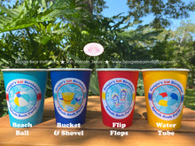 Load image into Gallery viewer, Splash Bash Birthday Party Beverage Cups Paper Drink Boy Girl Swimming Pool Beach Ball Ocean Wave Sand Boogie Bear Invitations Douglas Theme