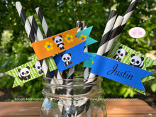 Load image into Gallery viewer, Panda Bear Party Birthday Paper Straws Pennant Drink Boy Blue Black Yellow Green Zoo Wild Jungle Animal Boogie Bear Invitations Justin Theme