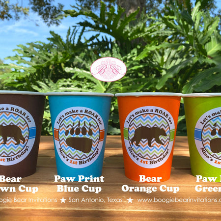 Grizzly Bear Birthday Party Beverage Cups Paper Drink Chevron Paw Print Boy Girl Brown Kodiak Zoo Rustic Boogie Bear Invitations Nico Theme