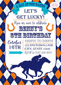 Horse Racing Birthday Party Invitation Orange Blue Kentucky Derby Race Track Boogie Bear Invitations Benny Theme Paperless Printable Printed