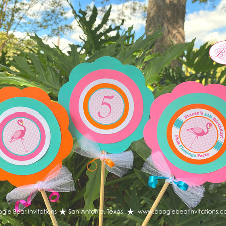 Pink Flamingo Party Centerpiece Set Birthday Girl Aqua Teal Blue Orange Flamingle Wild Miami Retro Pool Boogie Bear Invitations Stacey Theme