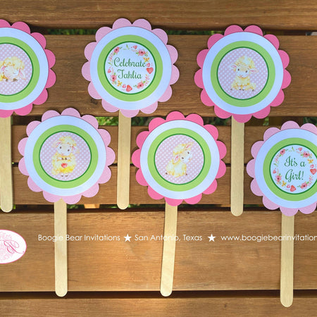 Pink Little Lamb Cupcake Toppers Baby Shower Farm Animals Sheep Flower Green Butterfly Girl Red Heart Boogie Bear Invitations Tahlia Theme