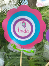 Load image into Gallery viewer, Fishing Girl Birthday Party Centerpiece Sticks Pink Dock Blue Purple Butterfly Dragonfly Frog Turtle Fish Boogie Bear Invitations Vada Theme