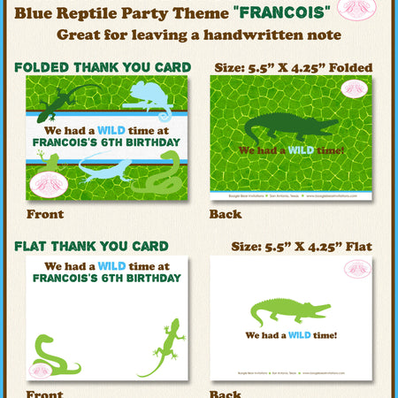 Reptile Party Thank You Card Birthday Green Blue Snake Lizard Frog Chameleon Rain Forest Wild Boogie Bear Invitations Francois Theme Printed