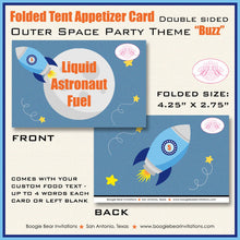 Load image into Gallery viewer, Outer Space Birthday Party Favor Card Food Tent Appetizer Label Sign Rocket Moon Shooting Star Boogie Bear Invitations Buzz Theme Printed
