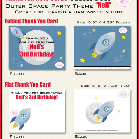 Outer Space Birthday Party Thank You Note Cards Rocket Ship Moon Shooting Star Galaxy Astronaut Boogie Bear Invitations Neil Theme Printed