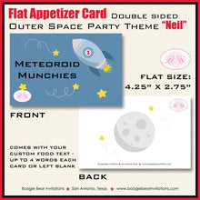 Load image into Gallery viewer, Outer Space Birthday Party Favor Card Food Tent Appetizer Label Sign Rocket Moon Shooting Star Boogie Bear Invitations Neil Theme Printed