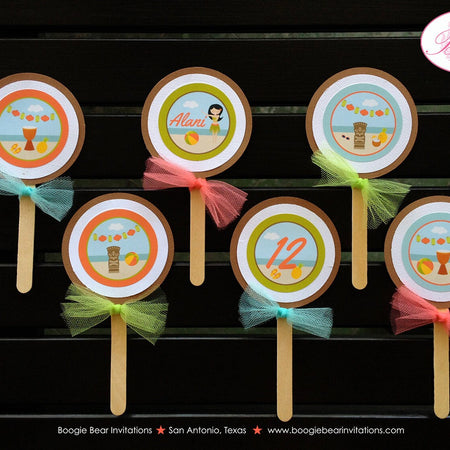 Hawaiian Beach Party Cupcake Toppers Luau Birthday Summer Girl Hawaii Ocean Tiki Flip Flop Swim Swimming Boogie Bear Invitations Alani Theme