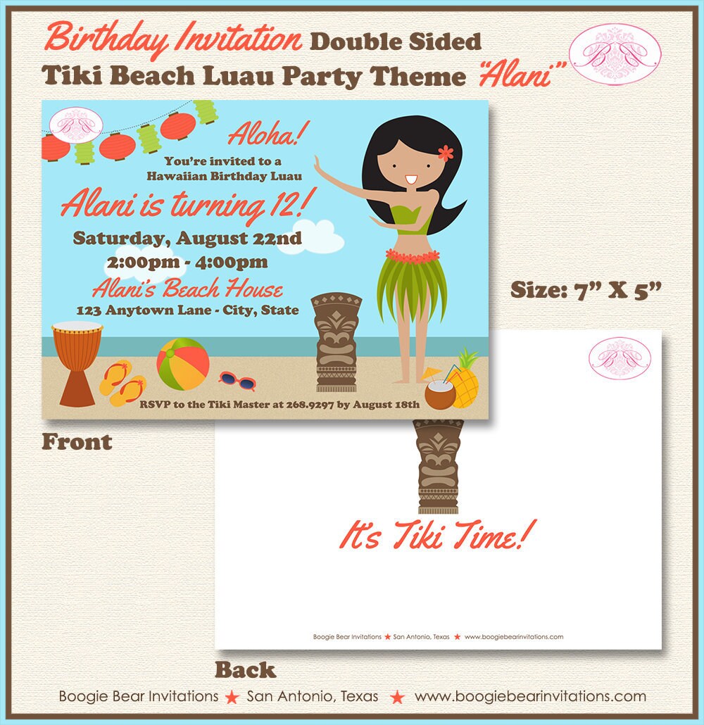 Luau Beach Party Invitation Birthday Girl Summer Hawaii Ocean Tiki Swimming Boogie Bear Invitations Alani Theme Paperless Printable Printed