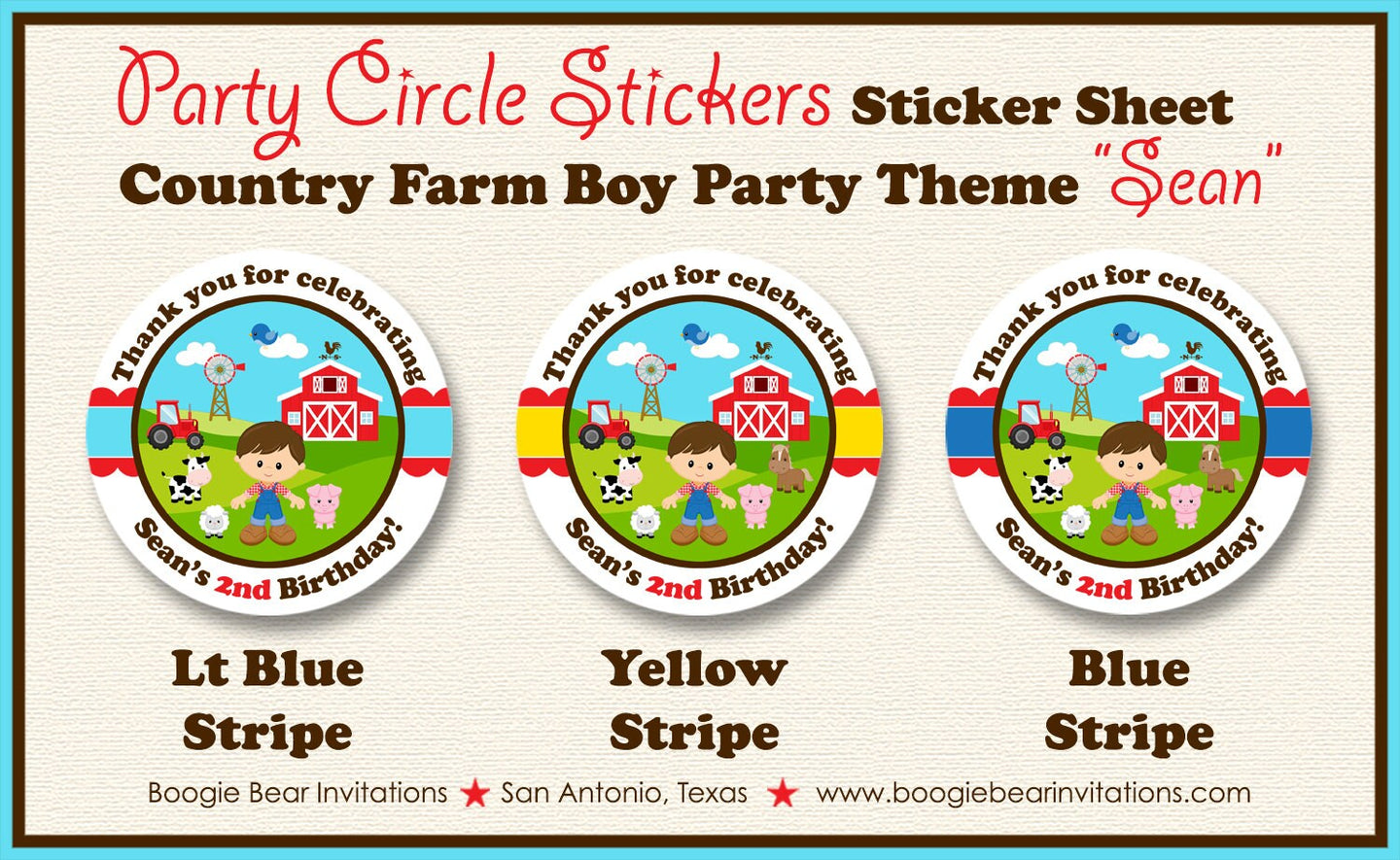 Farm Animals Birthday Party Stickers Circle Sheet Petting Zoo Red Barn Boy Horse Cow Pig Country Tractor Boogie Bear Invitations Sean Theme