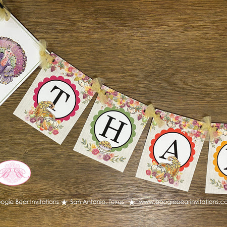 Thanksgiving Party Name Banner Dinner Cornucopia Bounty Pumpkin Pie Horn of plenty Fall Autumn Flower Boogie Bear Invitations Cooke Theme