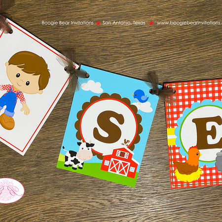Farm Animals Birthday Party Banner Name Petting Zoo Tractor Red Barn Boy Horse Pig Cow Sheep Duck Bird Boogie Bear Invitations Sean Theme