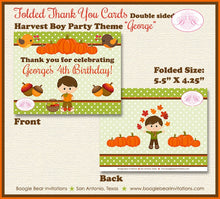 Load image into Gallery viewer, Harvest Boy Birthday Favor Party Card Tent Place Appetizer Food Autumn Fall Woodland Pumpkin Boogie Bear Invitations George Theme Printed