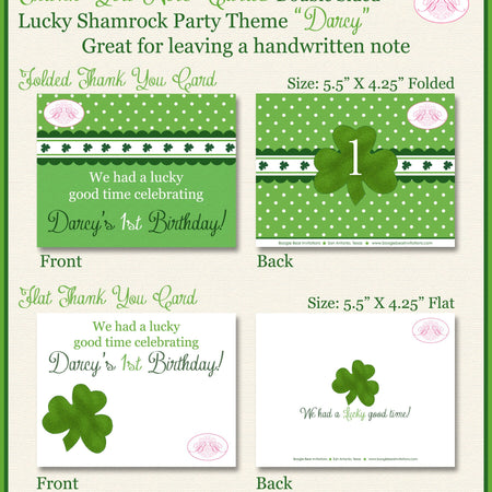 Green Shamrock Party Thank You Card Birthday St. Patrick's Day Lucky Charm Clover Spring 4 Leaf Boy Girl Boogie Bear Invitations Darcy Theme