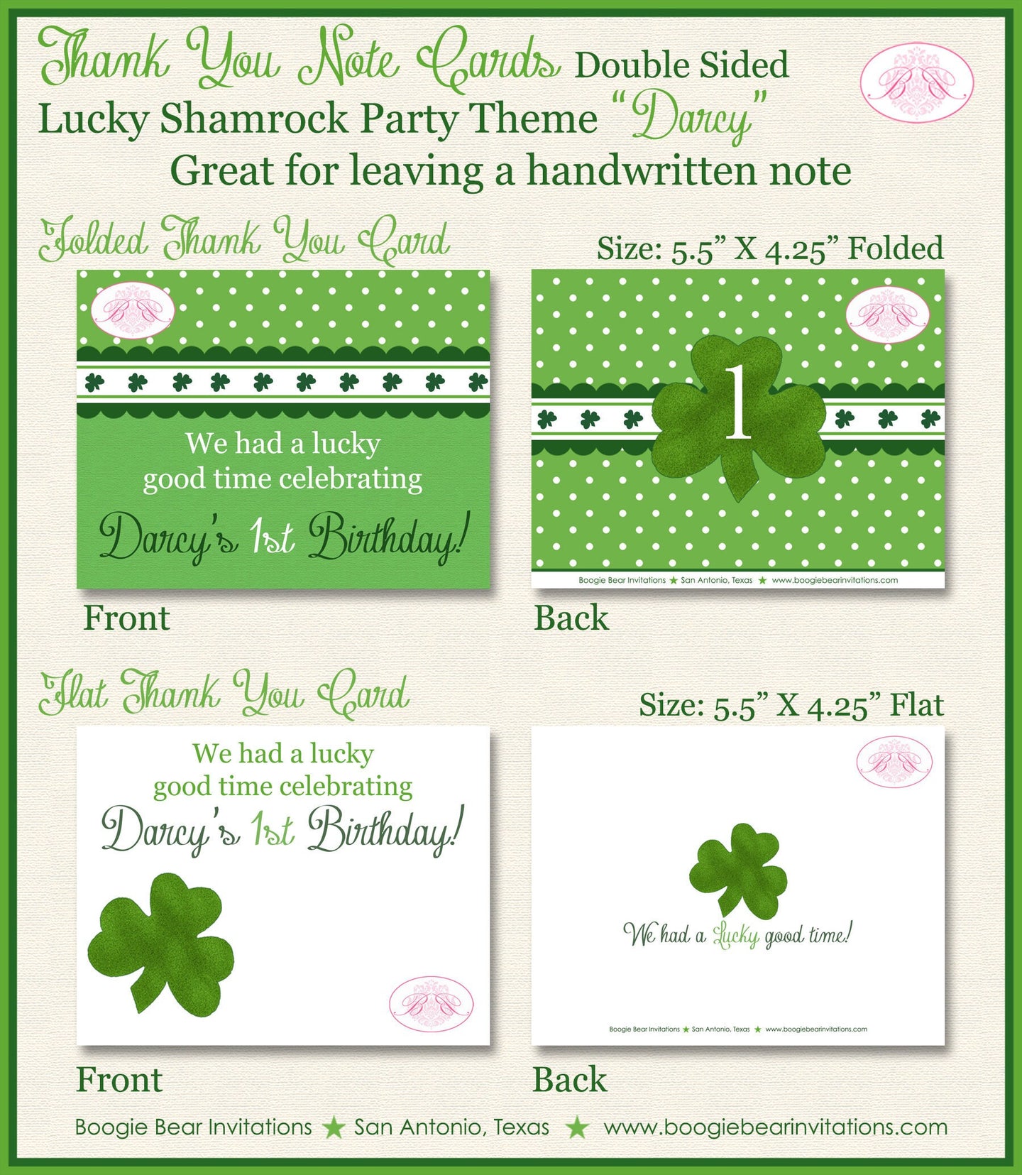Green Shamrock Party Thank You Card Birthday St. Patrick's Day Lucky Charm Clover Spring 4 Leaf Boy Girl Boogie Bear Invitations Darcy Theme