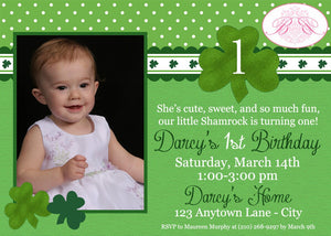 Lucky Shamrock Birthday Party Invitation Photo St Patricks Day Green 1st 2nd Boogie Bear Invitations Darcy Theme Paperless Printable Printed