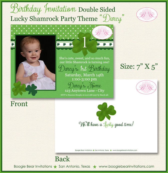 Lucky Shamrock Birthday Party Invitation Photo St Patricks Day Green 1st 2nd Boogie Bear Invitations Darcy Theme Paperless Printable Printed