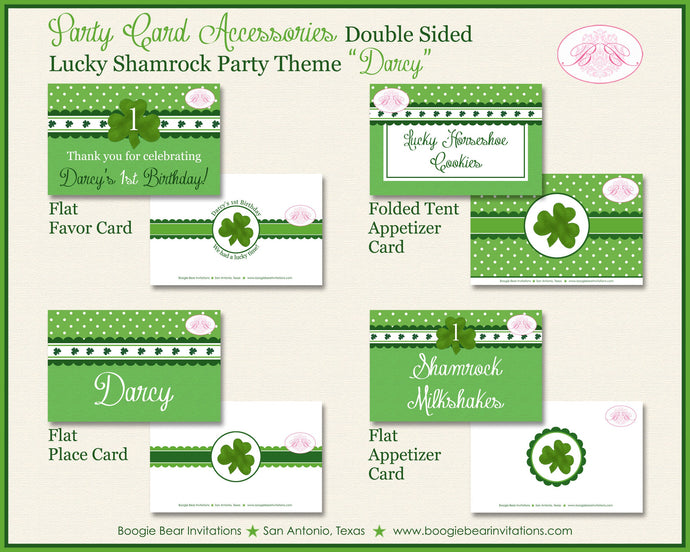 Lucky Shamrock Birthday Favor Party Card Appetizer Tent Place Food Tag St. Patrick's Day 4 Leaf Clover Boogie Bear Invitations Darcy Theme
